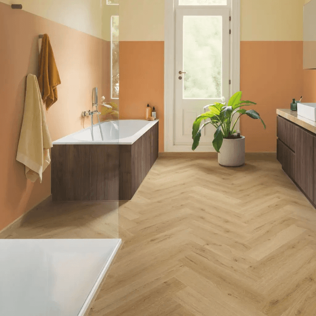 Panele winylowe SPC LVT z podkładem Jodełka Botaniczny Beż HB Klasa 33 6 mm, AVHBU40362, Quick-Step Unilin